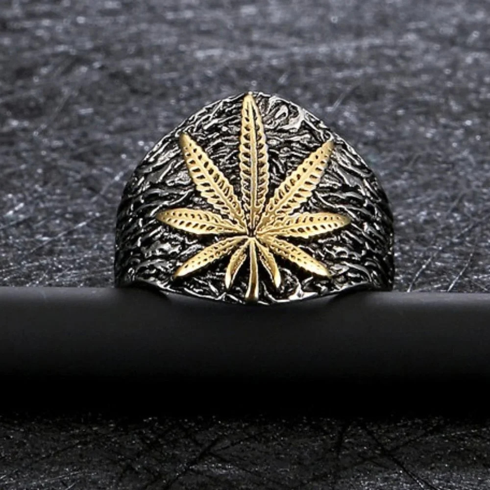 Two Tone Retro Leaf Hip Hop Carved Black Ring, FB16FA1119
